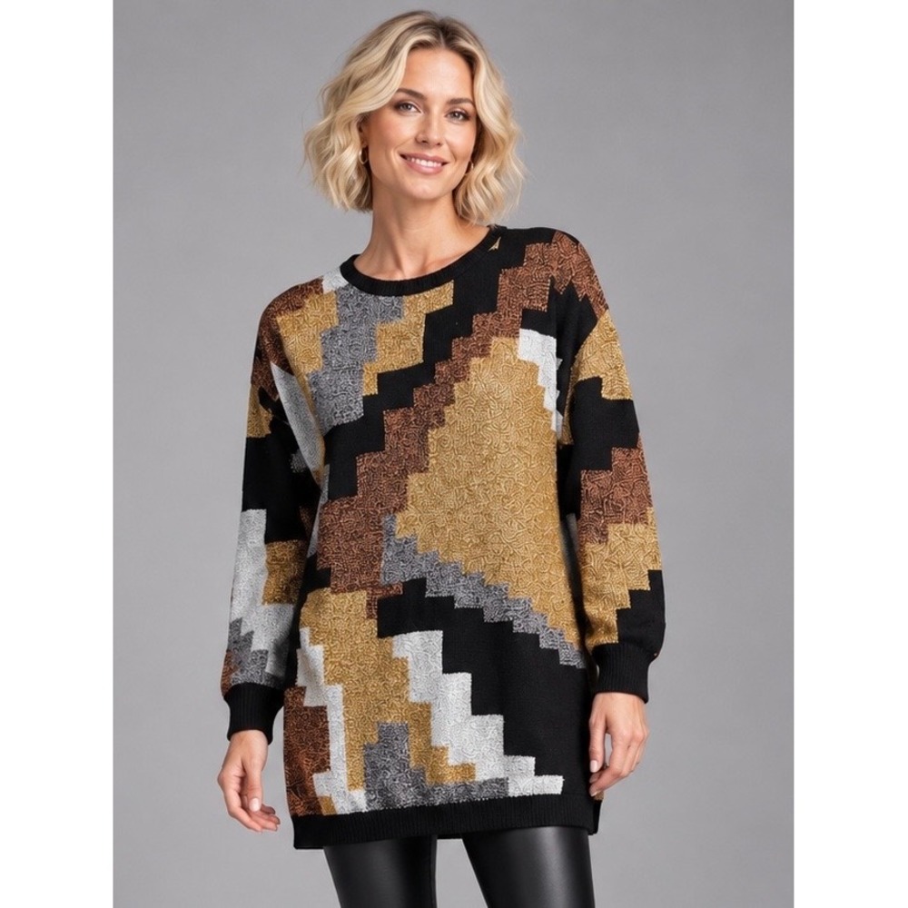 Vintage I.B. Diffusion Metallic Geometric Lambswool Tunic Sweater Small Gold 80s